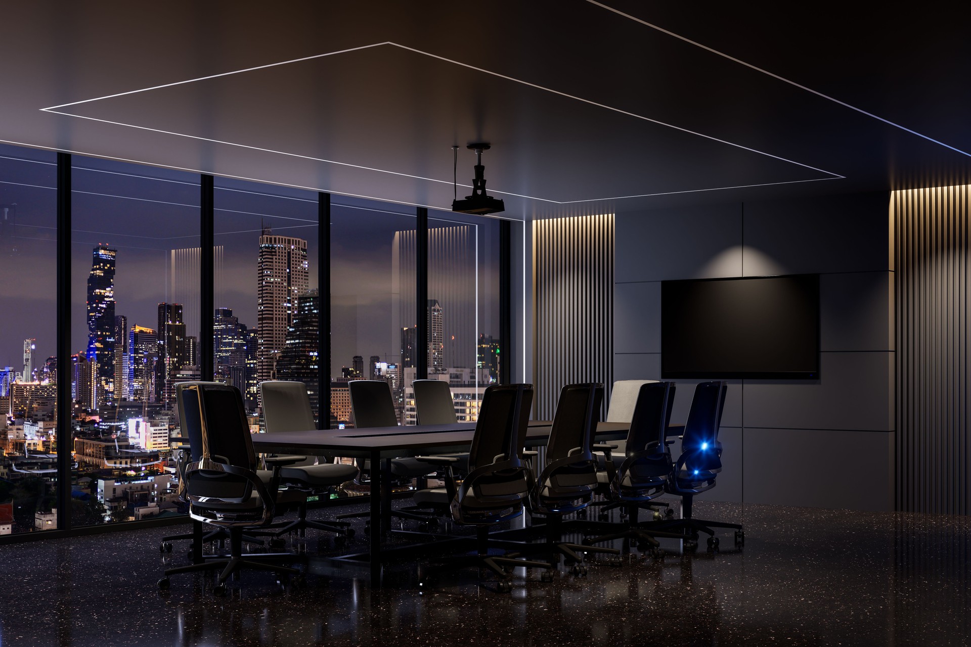 Intérieur de salle de réunion noir de luxe de style moderne avec fond de vue sur la ville de nuit rendu 3d