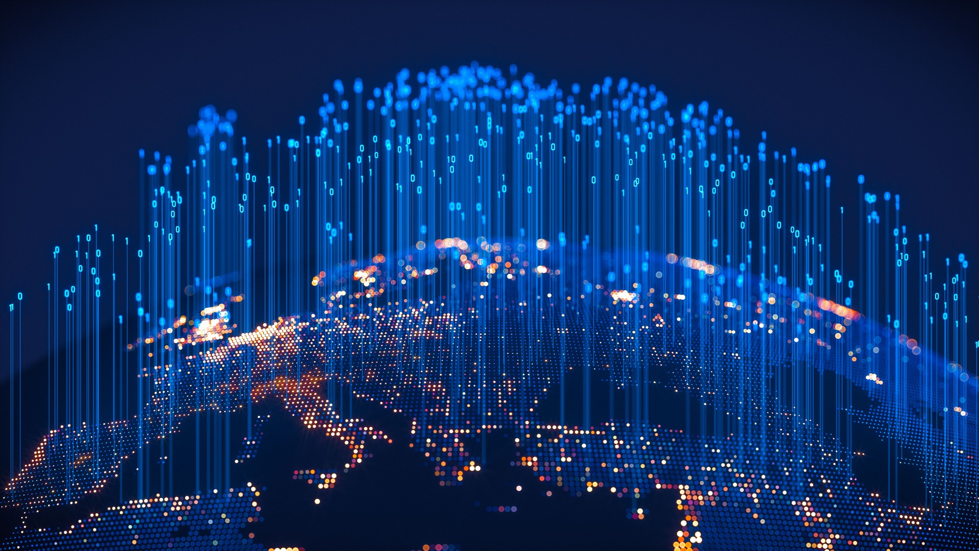 Globe numérique avec des fibres binaires se développant à partir des villes